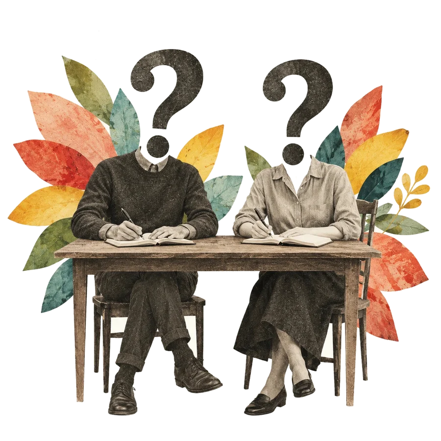 Zwei Menschen nebeneinander an einem Tisch, jeder schreibt auf sein eigenes Blatt